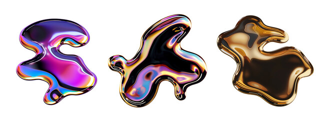 Wall Mural - y2k holographic melted metal shapes set isolated png. bold colorful spilled liquid puddles