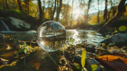 Glass globe in the in nature. Protecting the earth's water resources, environmental protection concept. Sustainable development goals (SDGs) concept
