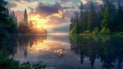 Wall Mural - Forest lake at sunset when the water reflects img