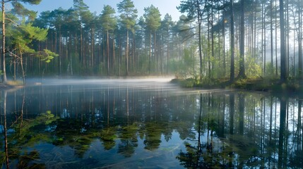 Wall Mural - Forest pond with crystal clear water reflecting tall image