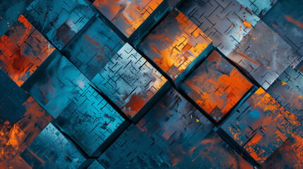 Wall Mural - Artistic wallpaper with colourful square patterns and a futuristic digital texture in blue and orange