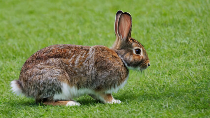 Wall Mural - Rabbit standing on green grass, side view.