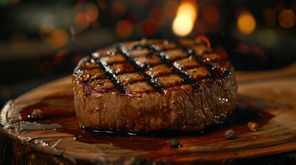 Juicy meat steak with artistic grill marks on a wooden board