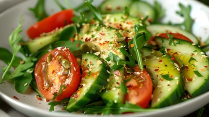 Poster - Avocado salad with slices of fresh cucumbers cherry