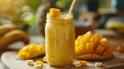 Wall Mural - Banana-mango smoothie served in a clear jar img