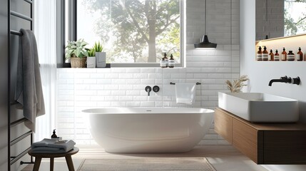 Poster - Bathroom with white tiles and matte black faucets picture