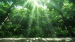 © Sara_P - Forest grove with a wooden stage bathed in sunlight leaves falling from the trees and creating a peaceful scene captured in lively anime style with dynamic elements and rich scenery