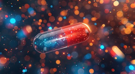 A pill is floating in a colorful, blurry background. The pill is red and blue, and it is glowing. The background is filled with bright, swirling colors, creating a sense of movement and energy