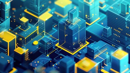 A cityscape with buildings and a yellow line. The cityscape is a representation of a futuristic city