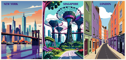 Wall Mural - Set of Travel Destination Posters in retro style. New York, USA, Singapore, London, England prints. International summer vacation, holidays concept. Vintage vector colorful illustrations.	