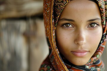 Canvas Print - Closeup portrait of a young woman with a vibrant headscarf gazing into the distance