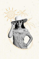 Poster - Vertical composite artwork collage image picture of girl sunhat sunglass painted palm isolated on creative background