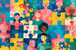 © SERHII - Colorful illustration of diverse people as jigsaw puzzle pieces, representing community and inclusion. Diversity, teamwork, cooperation, unity, social connection, collaboration, belonging, identity.