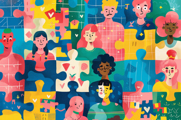 Colorful illustration of diverse people as jigsaw puzzle pieces, representing community and inclusion. Diversity, teamwork, cooperation, unity, social connection, collaboration, belonging, identity.