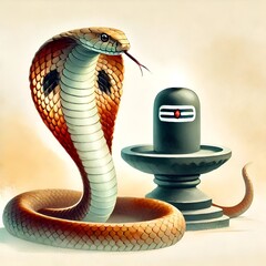 Sticker - Watercolor illustration for Nag Panchami with a cobra and Shiva Lingam.