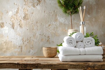 Wall Mural - Bathroom interior with white towels, toiletries