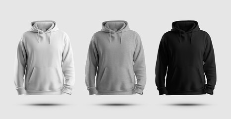 Poster - Mockup of white, black, heather oversized hoodie, 3D rendering, set of clothes for design, print, branding, advertising.