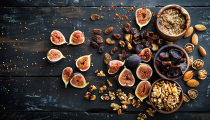 Poster - Delicious dried figs and dried fruit and nut mix on dark wooden background in rustic style