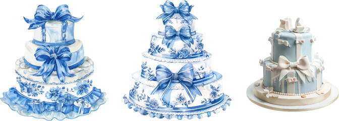 Blue two-tiered wedding cake with gift wrap and bow on the side.