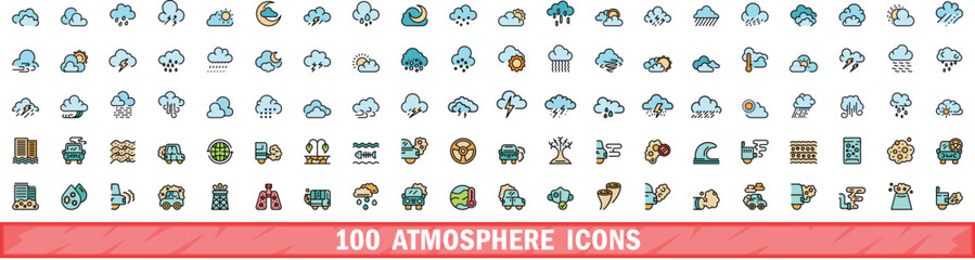 Wall Mural - 100 atmosphere icons set. color line set of atmosphere vector icons thin line color flat on white