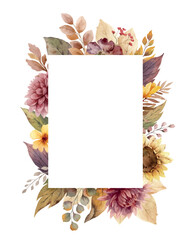 Wall Mural - watercolor vector autumn frame of sunflower, dahlia, branches and leaves. burnt orange, burgundy and