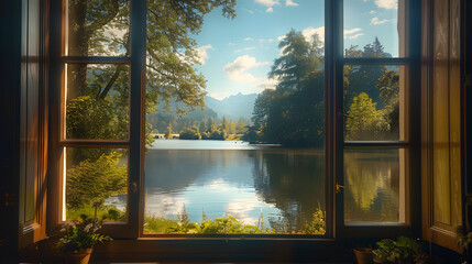 Wall Mural - Tranquil view from a window overlooking a lake