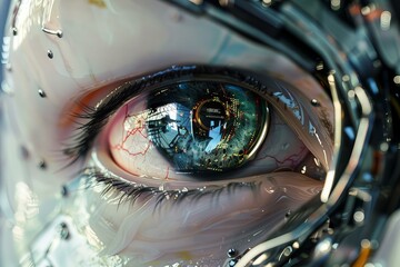 Poster - Closeup futuristic cyborg eye with advanced robotic technology and artificial intelligence. Cybernetic machine vision. Hightech digital optical bionic android detail