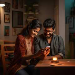 Sticker - young indian couple using smartphone at home