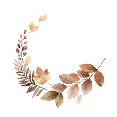 Wall Mural - Watercolor vector fall floral wreath. Brown and terracotta leaves for rustic wedding design, greeting cards, thanksgiving decoration. Hand painted illustration.