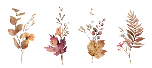 Wall Mural - bouquets of watercolor autumn branches and leaves. brown, burnt orange, bordo and beige. floral vect