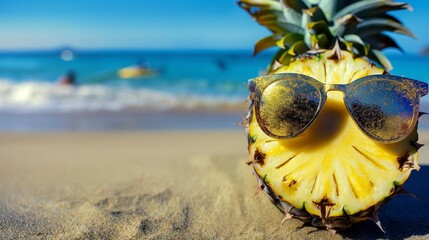 A close-up of a sliced pineapple wearing stylish sunglasses, resting on a sandy beach with the vibrant blue sea and clear sky in the background, with gentle waves lapping at the shore.