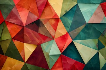 A background of colorful geometric shapes in various shades, creating an abstract and vibrant pattern. The colors range from deep reds to soft greens, with the triangles pointing towards the bottom le