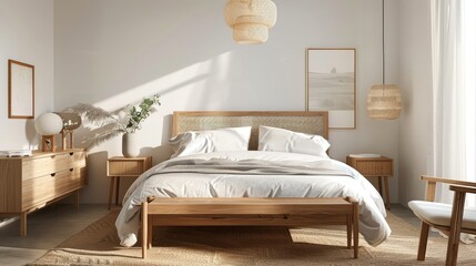 Scandinavian style bedroom with natural wood furniture and minimalist decor