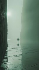 Wall Mural - A person is standing in a foggy, dark tunnel