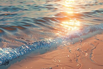 Wall Mural - Photorealistic beach scene with clear sea water at sunset 