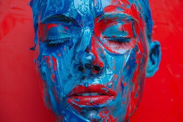 Sticker - Closeup of a woman's face covered in vibrant blue and red paint drips against a monochrome background