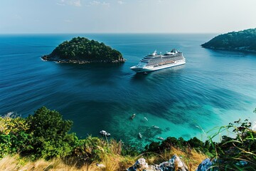 Wall Mural - luxury white cruise ship anchored near green island with clear water sea 