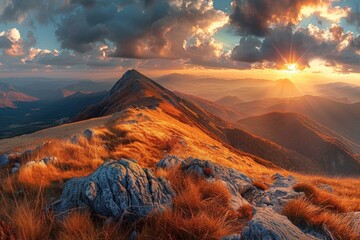 Wall Mural - Sunset Mountains landscape, hills in wildflowers, autumn colors, golden hour, panoramic view