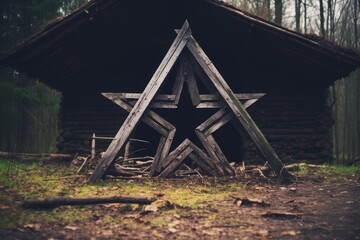 Canvas Print - Mysterious wooden star structure in forest