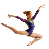 Female gymnast in mid-air, demonstrating skill and precision in her performance