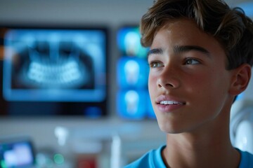 Close up photo of a beautiful young man with a missing tooth, showcasing futuristic dental implants and holographic screens in the background.