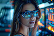 © Vera - Beautiful woman in stylish glasses and well-groomed beard employee using AI holographic screens to track nutrition
