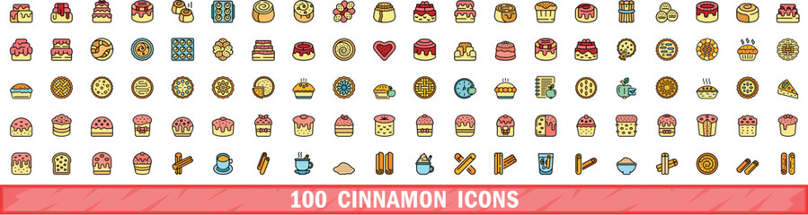 Poster - 100 cinnamon icons set. Color line set of cinnamon vector icons thin line color flat on white