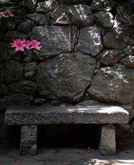 Sticker - Cross on stone wall with pink flowers