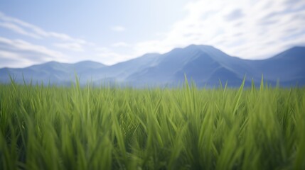 Wall Mural - Lush green field with mountains in the background