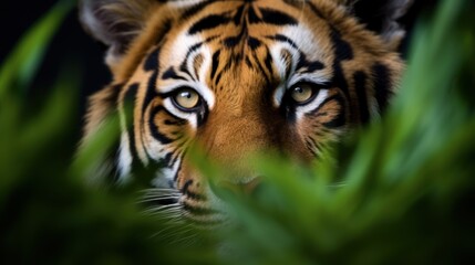 Canvas Print - Intense tiger eyes peering through foliage