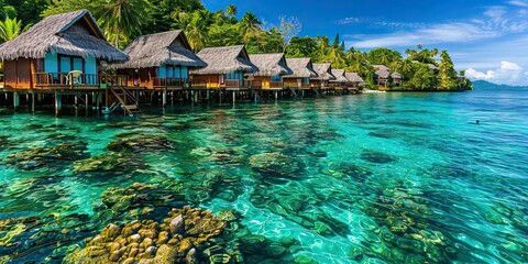 Wall Mural - luxury bungalows in the clear sea water on a tropical beach 