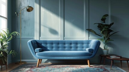 Stylish space with blue couch, carpet, light, and wooden table