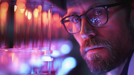 Wall Mural - Close-up shot of a technician in a lab studying a petri dish, emphasizing the precision and detail in advanced biotechnology research.