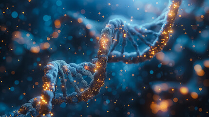 Sticker - Digital and futuristic blue background with DNA gene and helix structures, illustrating biotechnology, genetic science, and medical research concepts.